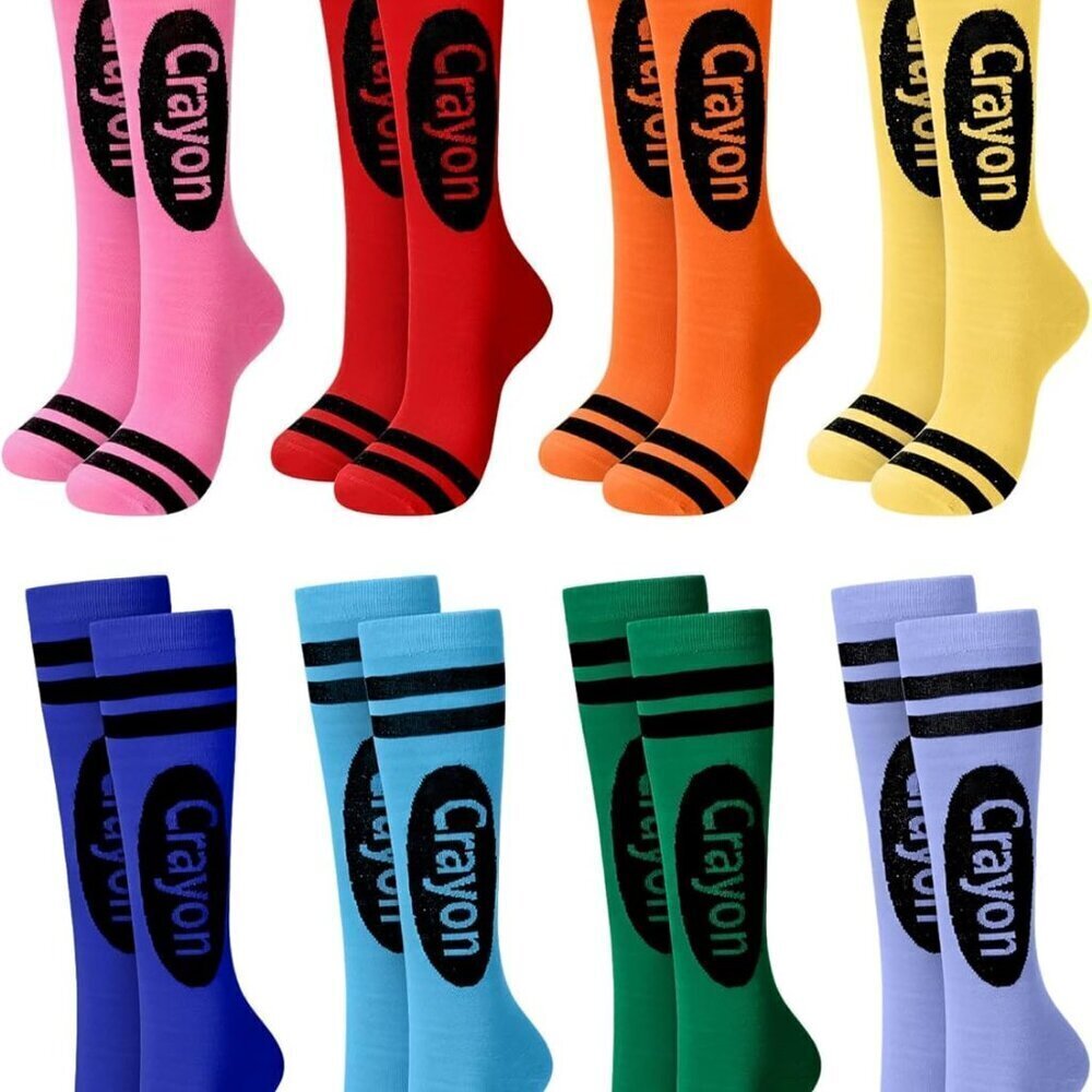 Halloween Crayon Socks Funny Rainbow Knee High Stockings Women Girls 8 Pack